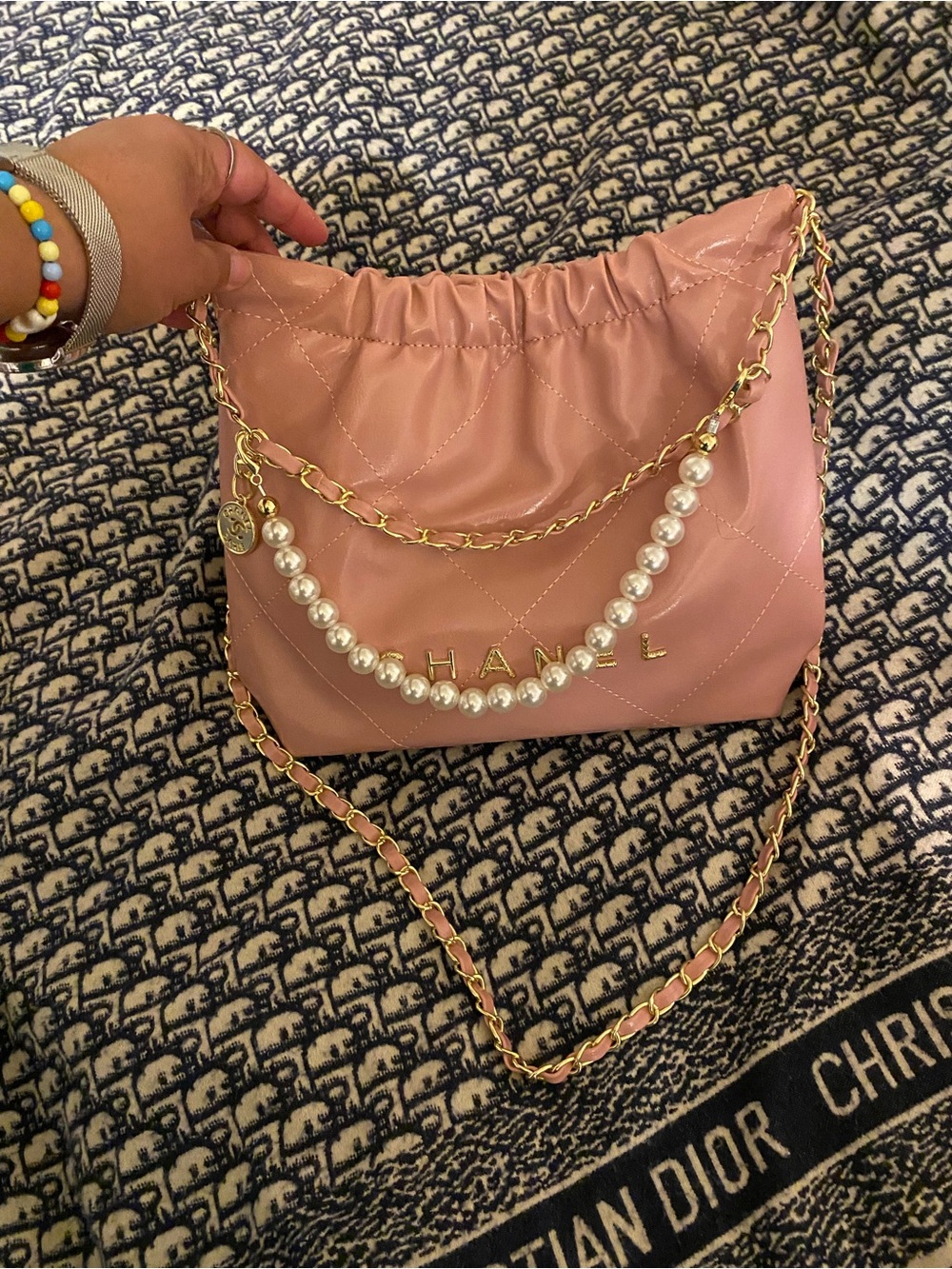 Chic Pink Quilted Pearl-Trim Shoulder Bag
